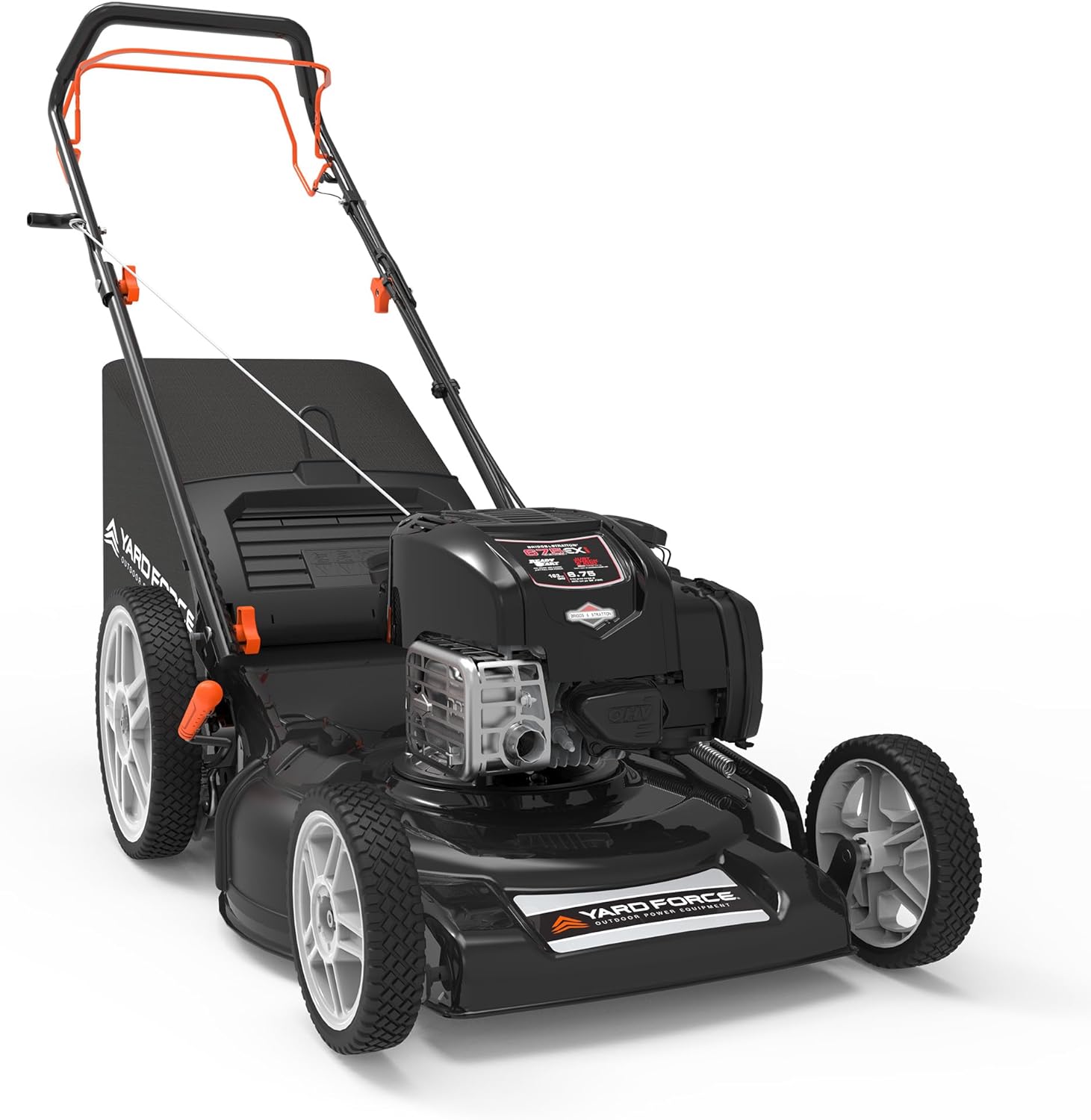 Yard Force Self Propelled Lawn Mower Briggs & Stratton 150cc Gas Engine 22-inch Steel Deck 3-in-1 Mulch, Bag, Side Discharge, Vertical Storage, 12-inch High Rear Wheels